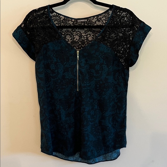 Express Tops - Express Teal and Black Lace Blouse
